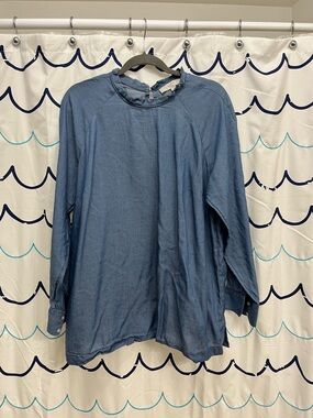 LOFT Light Denim Ruffle-Neck Blouse